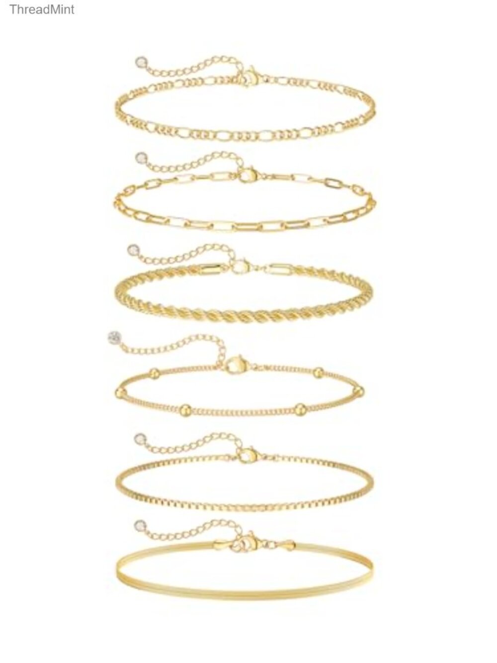 6 Pcs 14K Gold Plated Layered Anklet Set, Waterproof Non Tarnish, Adjustable